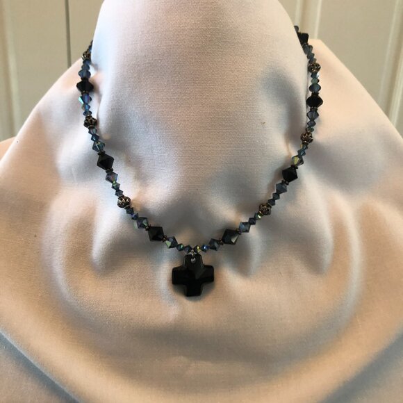 unknown Jewelry - Matching earrings, bracelet and necklace, blue and black and dark metal